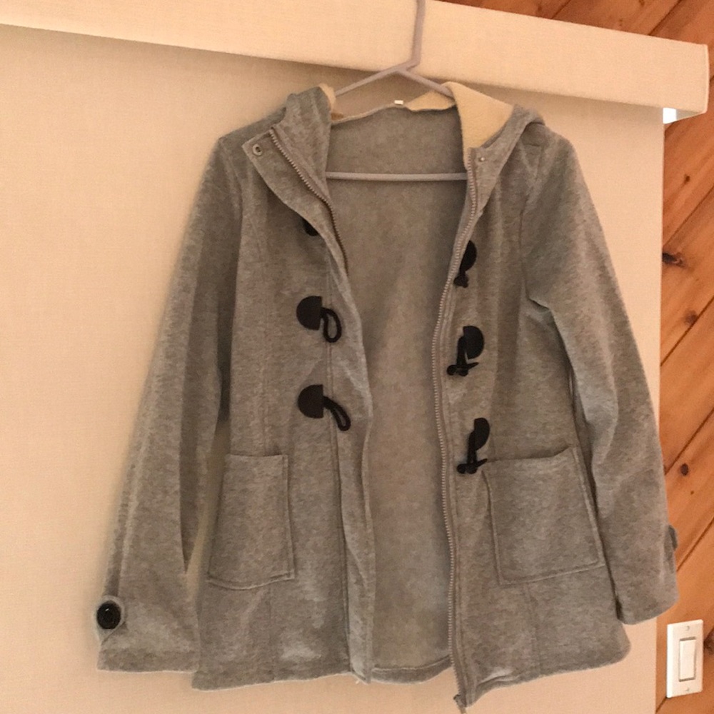 light grey jacket with fuzzy hood